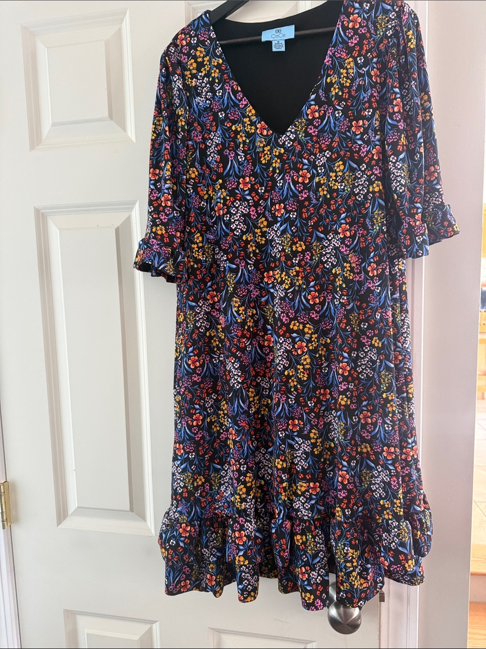 CeCe Black Floral Mini Dress with Pink, Yellow & Blue Flowers - Picture 1 of 5